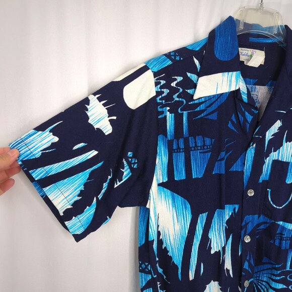 Vintage Hukilau Fashions Hawaiian Shirt Small Blue Barkcloth - Picture 4 of 7